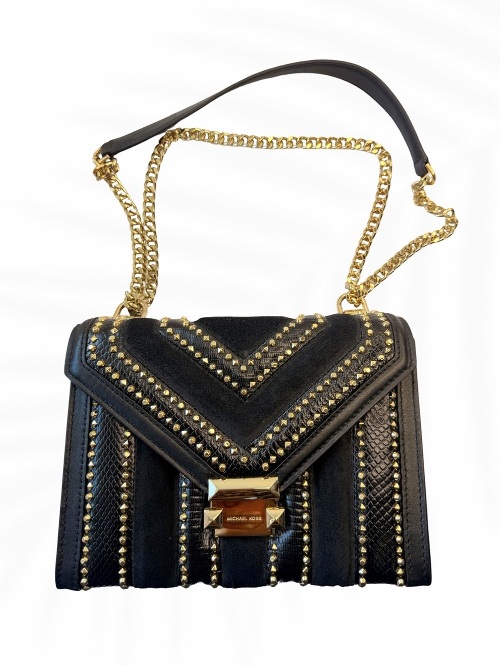 Michael Kors Studded Chain Shoulder Bag Black Leather Suede Small Crossbody